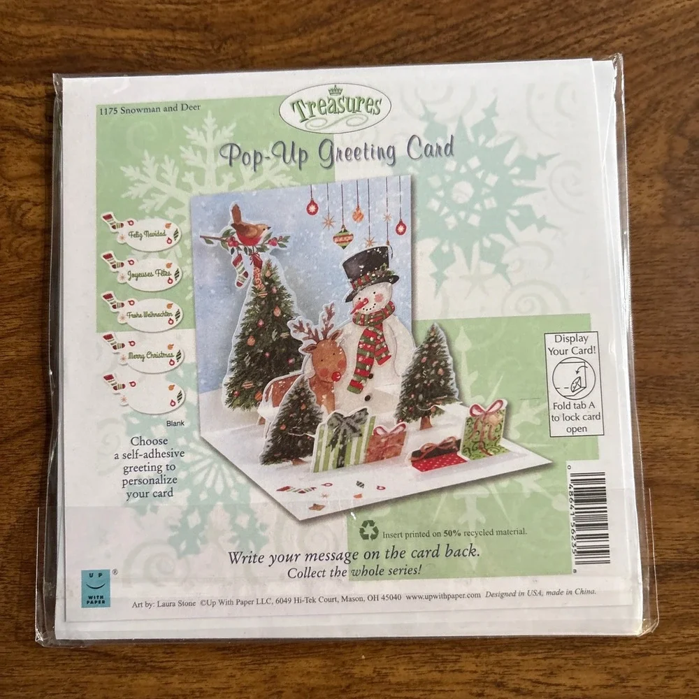 2‎ Treasures Pop Up Christmas Cards Bird with Stockings Snowman Holiday Tree